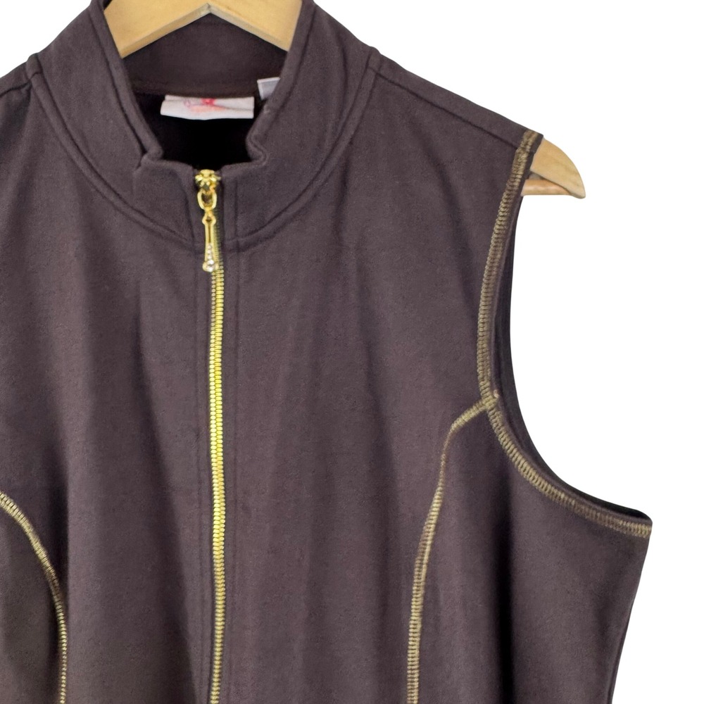 Quacker Factory Vest Womens XL Brown Gold Contrast Stitch Zip Mock Neck Terry‎